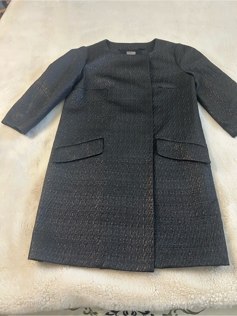 Mint Black Textured Collarless Coat Jacket